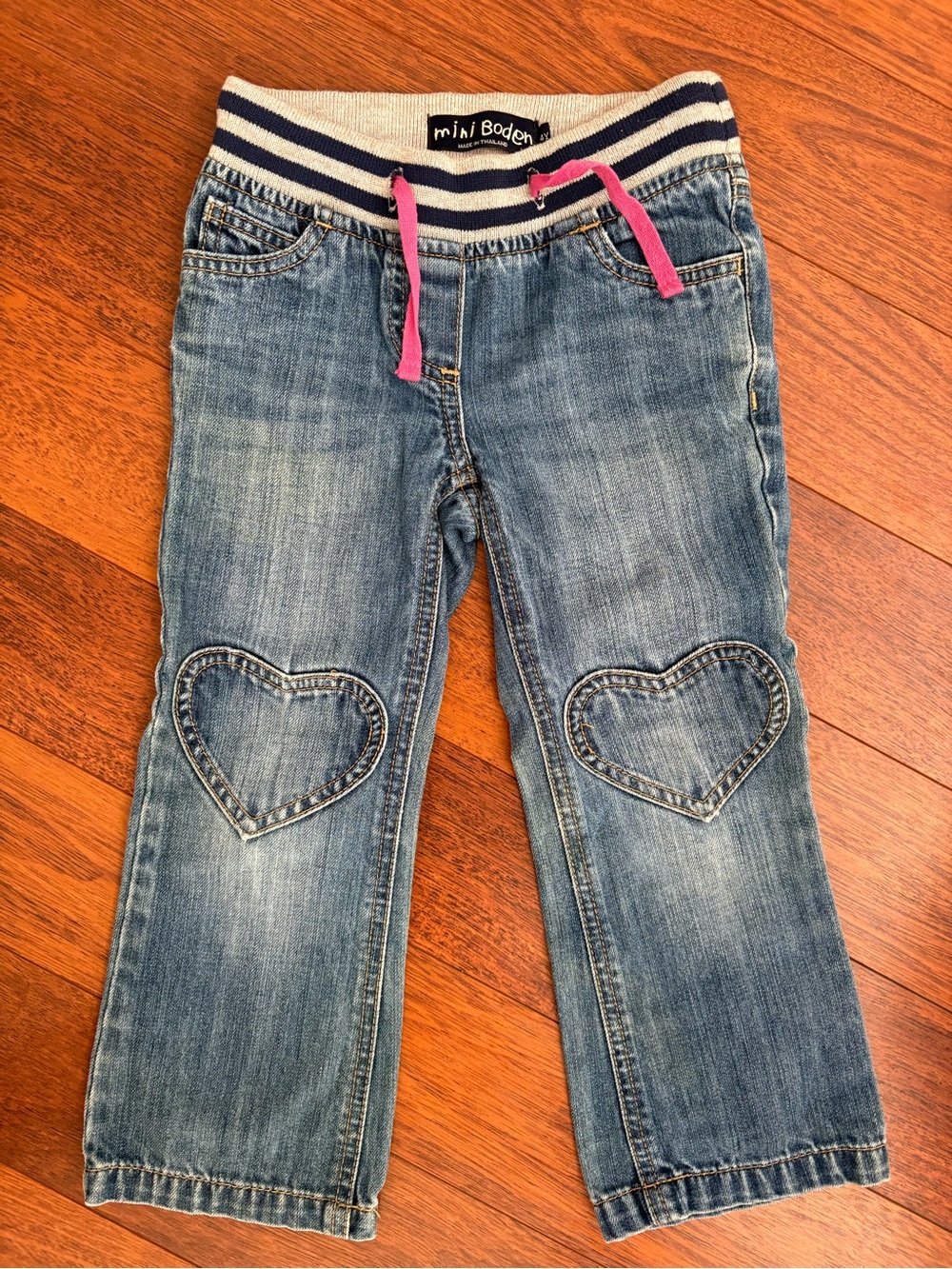 Mini Boden Blue Denim Jeans with Pink Drawstring & Heart Knees